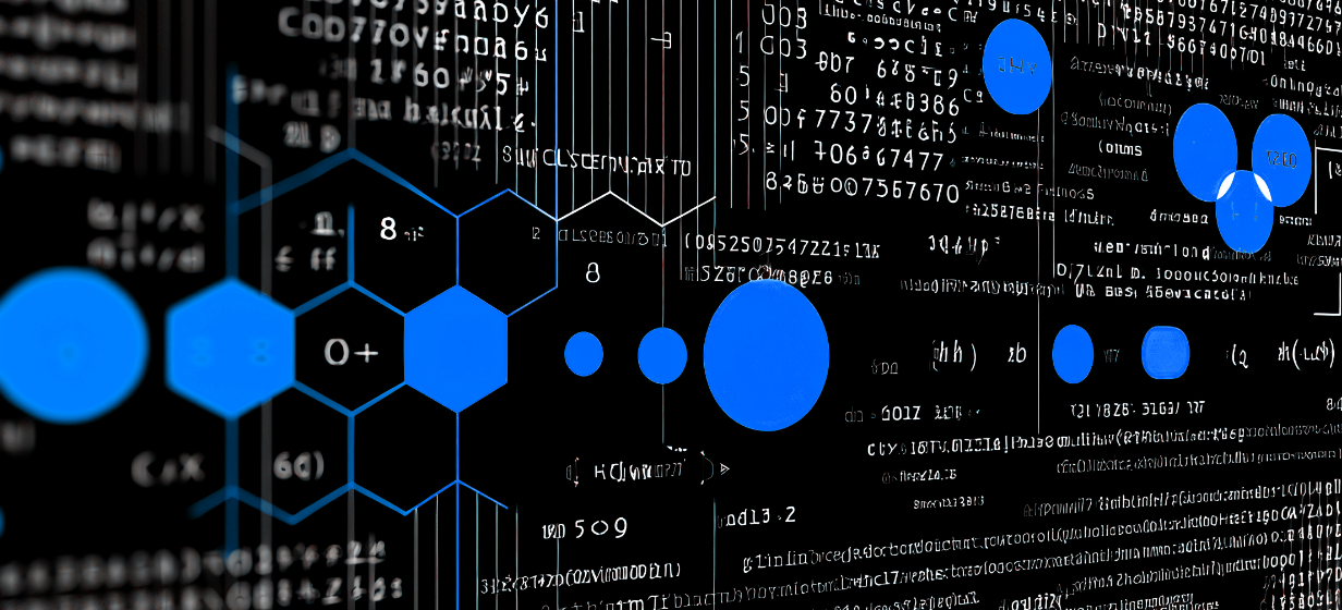 黒い背景に白い文字と青い図形が散りばめられたデジタルなデータ解析のイメージ